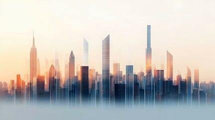 Obraz premium Ethereal Cityscape at Dawn with Glowing Skyscrapers and Fog