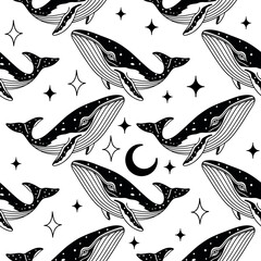 Celestial Whale Pattern with Stars and Moon, Vector Illustration Pattern Background