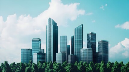 Modern Urban Skyline with Skyscrapers under Blue Sky and Clouds
