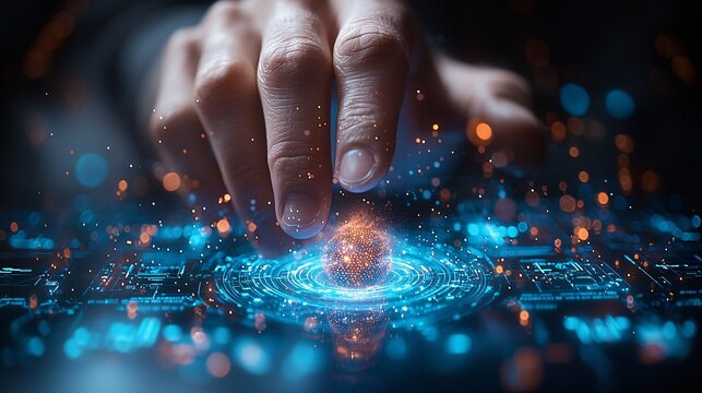 Hand Reaching for Digital Sphere on Futuristic Technology Background