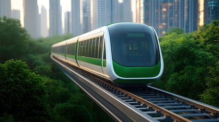 Naklejka premium Modern Green Train on Elevated Tracks Through Urban Environment