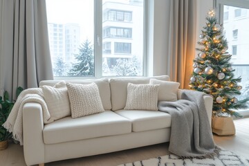 Cozy winter living room featuring a decorated christmas tree indoors