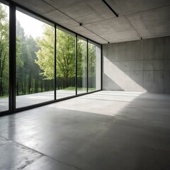 Fototapeta premium Modern Concrete House with Large Windows Overlooking Lush Green Forest