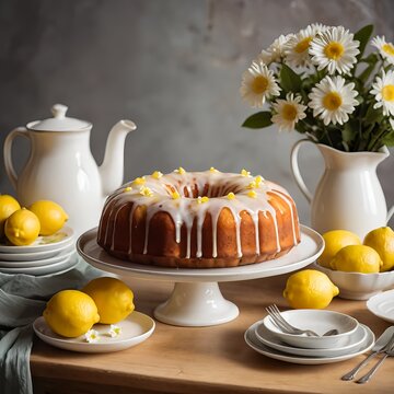 Lemon Glaze Bundt Cake with Daisies