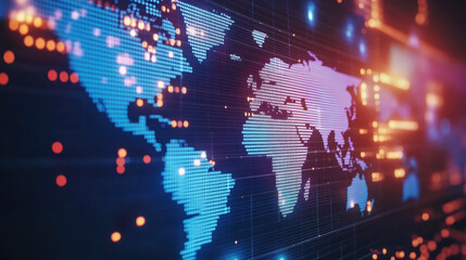 Digital World Map with Data Visualization in Blue and Orange Lights