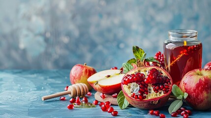 Rosh Hashanah Still Life Apples Pomegranate Honey Festive Food Photography