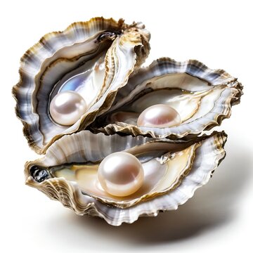 Three lustrous pearls nestled in oyster shells