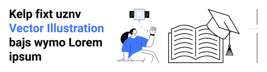 Person holding smartphone with digital interface, open book, and graduation cap. Ideal for education, e-learning, online courses, knowledge, reading, academic achievement simple landing page