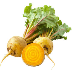 Fresh Golden Beets with vibrant green leaves close up studio shot healthy root vegetable
