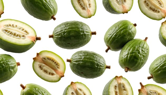 Feijoa Fruit in Air,  Floating Green Feijoas,  Cut and Whole Feijoa