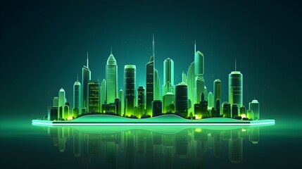 A vibrant, futuristic city glowing with emerald energy, a beacon of sustainable innovation in a dark, reflective waterscape.
