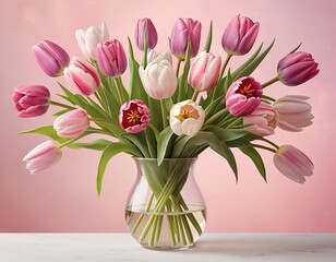 Fototapeta premium Bouquet of Pink and White Tulips in Glass Vase
