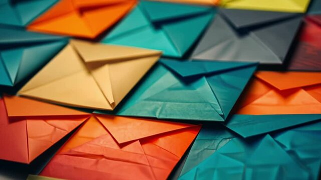 Colorful Envelopes Vibrant and Artistic Display of Paper Stationery in Orange, Teal, Yellow, and Gray Hues for Creative Organization and Cheerful Atmosphere