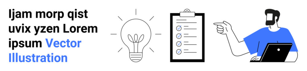 Light bulb signifying idea, checklist on clipboard, person with laptop pointing. Ideal for creativity, planning, teamwork, productivity, innovation, project management flat landing page banner