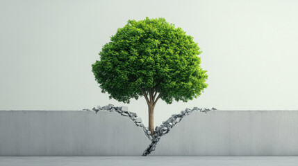 A resilient tree emerges from a cracked concrete wall, symbolizing strength and growth in a challenging environment.
