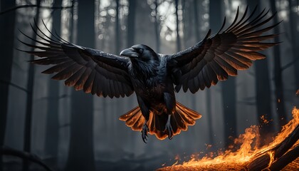 Obraz premium Raven in Flight Over Burning Log