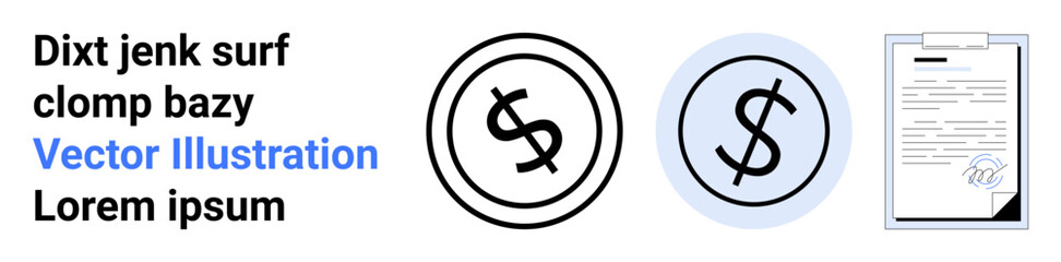 Dollar signs in black and blue circular frames next to a signed document. Ideal for finance, business, contracts, legal agreements, transactions, accounting, and presentations. Abstract line flat