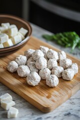 Fototapeta premium Homemade Meatballs Preparation Cooking Food Recipe Ingredients on Wooden Board