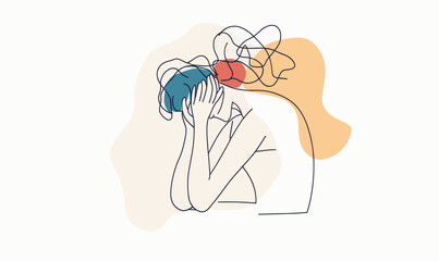 Minimalist Line Art Depicting Mental Health Struggles and Emotional Distress Illustration
