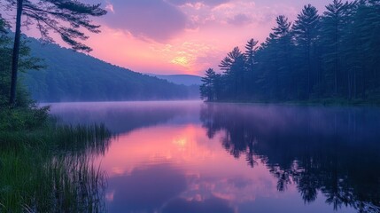 Fototapeta premium Misty lake sunrise reflection in tranquil forest