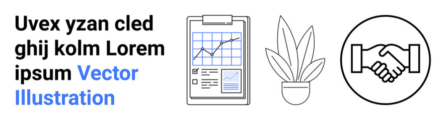 Clipboard with chart and data, handshake symbolizing partnership, and potted plant. Ideal for business, teamwork, growth, collaboration, productivity, data analysis flat landing page banner