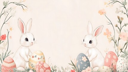 Obraz premium Easter bunnies with eggs, and floral frame.