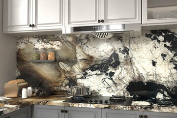 Closeup view. Dark kitchen room interior with electric cooker and crockery on quartz countertop and full height backsplash. Scandinavian minimalist design. Mockup. 3D Rendering. 3D Illustrations