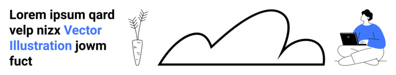Person seated using laptop, abstract cloud shape, carrot drawing, and text element. Ideal for creativity, remote work, digital focus, modern design, simplicity abstract themes and a simple landing