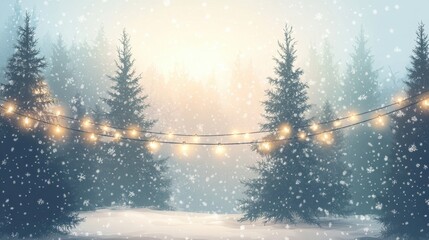 Fototapeta premium Snow-covered pine trees with glowing string lights and snowfall, holiday vector background 