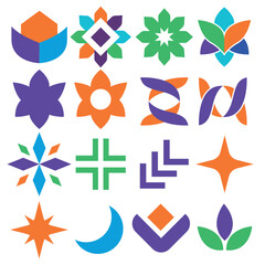 A variety of vibrant geometric shapes and patterns including florals and mosaics, showcasing bright colors and abstract designs on a clean white background.