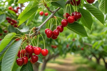 Cherry on tree. Red cherries in garden. Cherry tree. Organic fresh fruits, agriculture