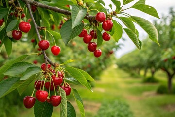 Obraz premium Cherry on tree. Red cherries in garden. Cherry tree. Organic fresh fruits, agriculture