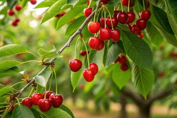 Obraz premium Cherry on tree. Red cherries in garden. Cherry tree. Organic fresh fruits, agriculture