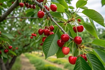 Obraz premium Cherry on tree. Red cherries in garden. Cherry tree. Organic fresh fruits, agriculture