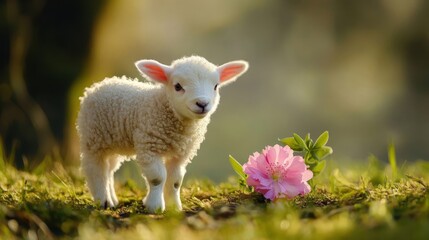 Obraz premium Cute lamb or sheep on green background with pink flowers, easter card. Spring and easter, innocence and tranquility concept