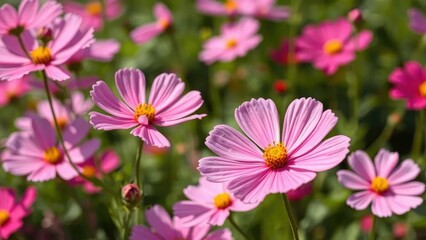 Delicate pink cosmos flowers swaying gently in the garden breeze, bloom, cosmos