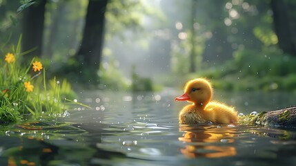 A fluffy duckling swimming peacefully in a serene forest pond surrounded by vibrant flowers and sunlight