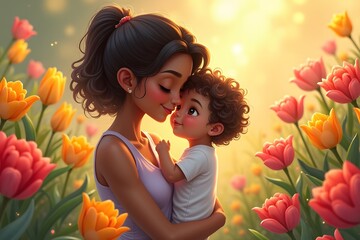 Happy Mother's Day: a mom and baby in a peaceful garden.