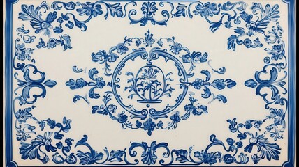 Intricate Blue and White Floral Textile Design with Central Motif