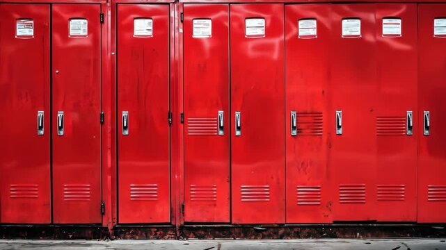 Bright red school lockers lining a hallway in a modern educational facility during daytime hours