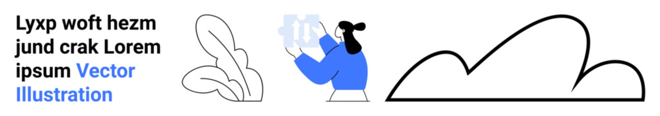 Woman examining glass beakers in a science context, accompanied by leaves and abstract mountain forms. Ideal for science, environment, lab research, education, sustainability, exploration, and simple