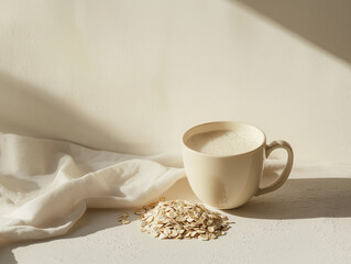 A cup of oat milk placed next to a small heap of oats on a matte white surface. The scene is shot with soft, diffused lighting, emphasizing the simplicity and natural ingredients of the composition.