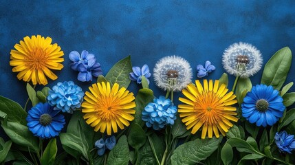Colorful flowers arranged on a dark blue background.  Possible use Spring floral display for greeting cards or wallpaper