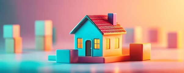 Fototapeta premium A conceptual financial design with vibrant blocks and a miniature house, set against a softly lit gradient backdrop
