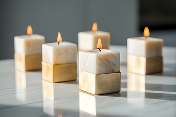 Burning Square Candles with Marble and Gold Base on White Surface