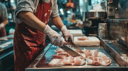 A person checking the temperature of refrigerated fish storage in a factory warehouse, ensuring freshness