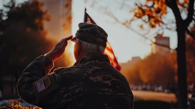 A respectful elderly veteran in military uniform salutes the American flag in a solemn Memorial Day ceremony, embodying patriotism and honor