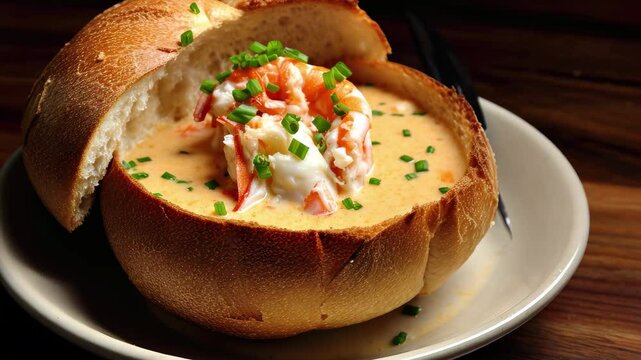 Enjoying a rich lobster bisque served in a freshly baked bread bowl topped with shrimp and chives at a cozy seafood restaurant during dinner