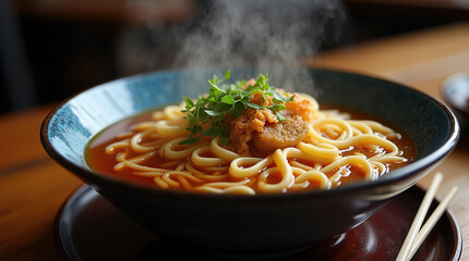 A steaming bowl of curly noodles paired with chopsticks, offering a taste of authentic Japanese cuisine.