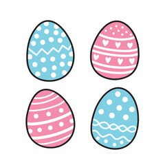 Easter Eggs Set with Simple Line Ornaments. Cute Doodles Ornate Eggs with Black Outline. Vector Illustration